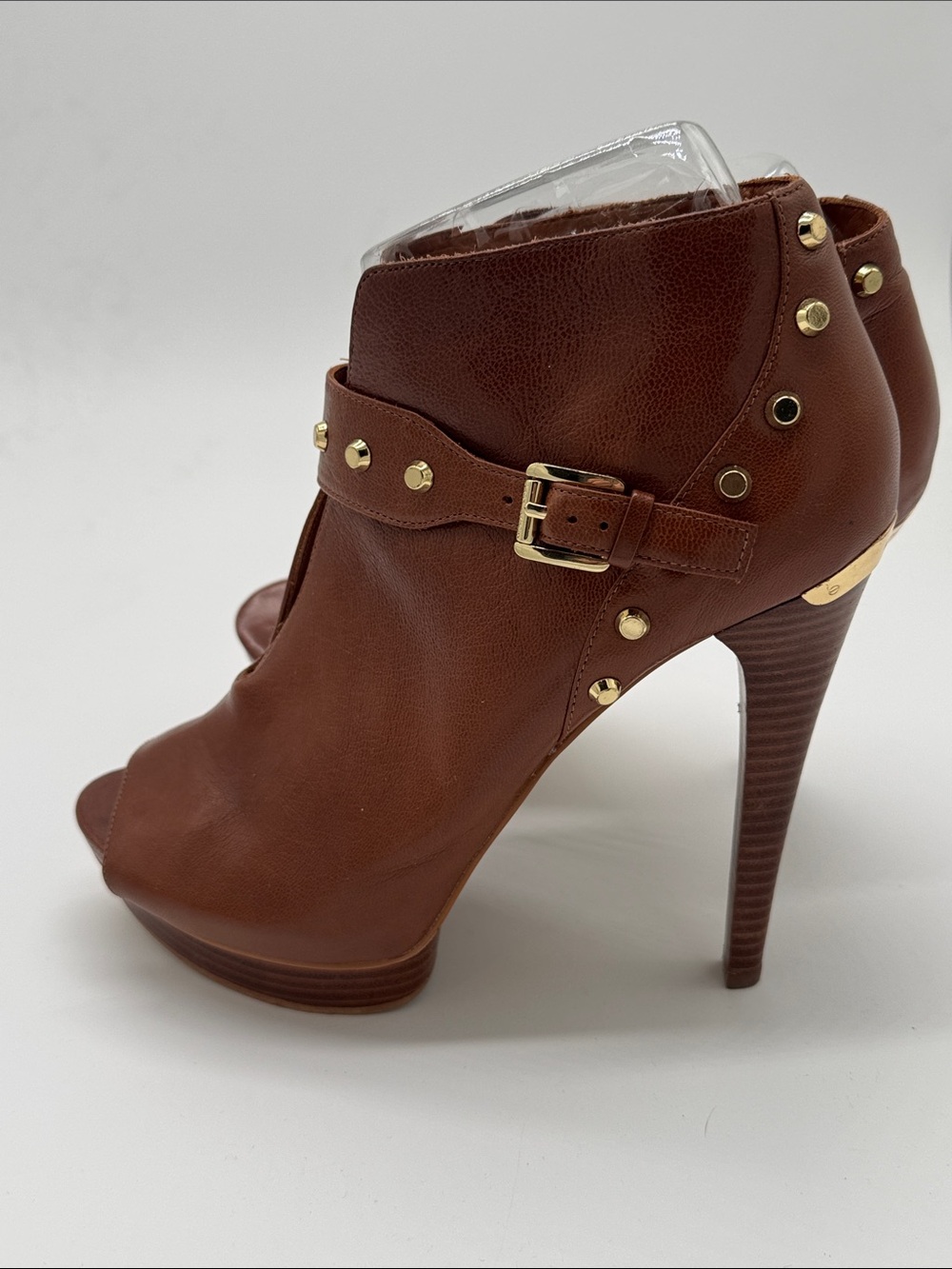 MICHAEL Michael Kors Brown Leather Studded Peep-Toe Heeled Booties